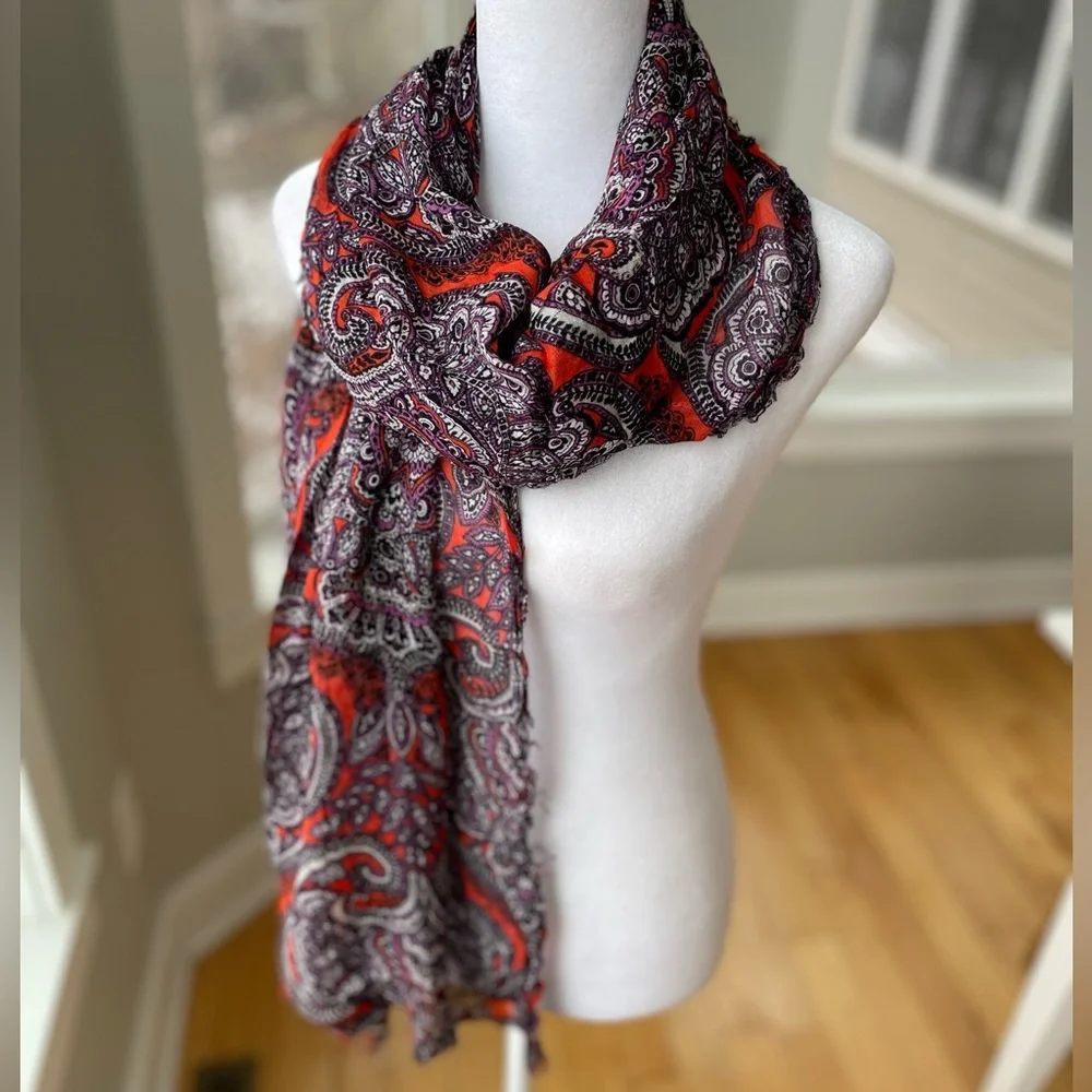 The Limited Violet Orange White Paisley Print Sheer Fringe Wrap Scarf